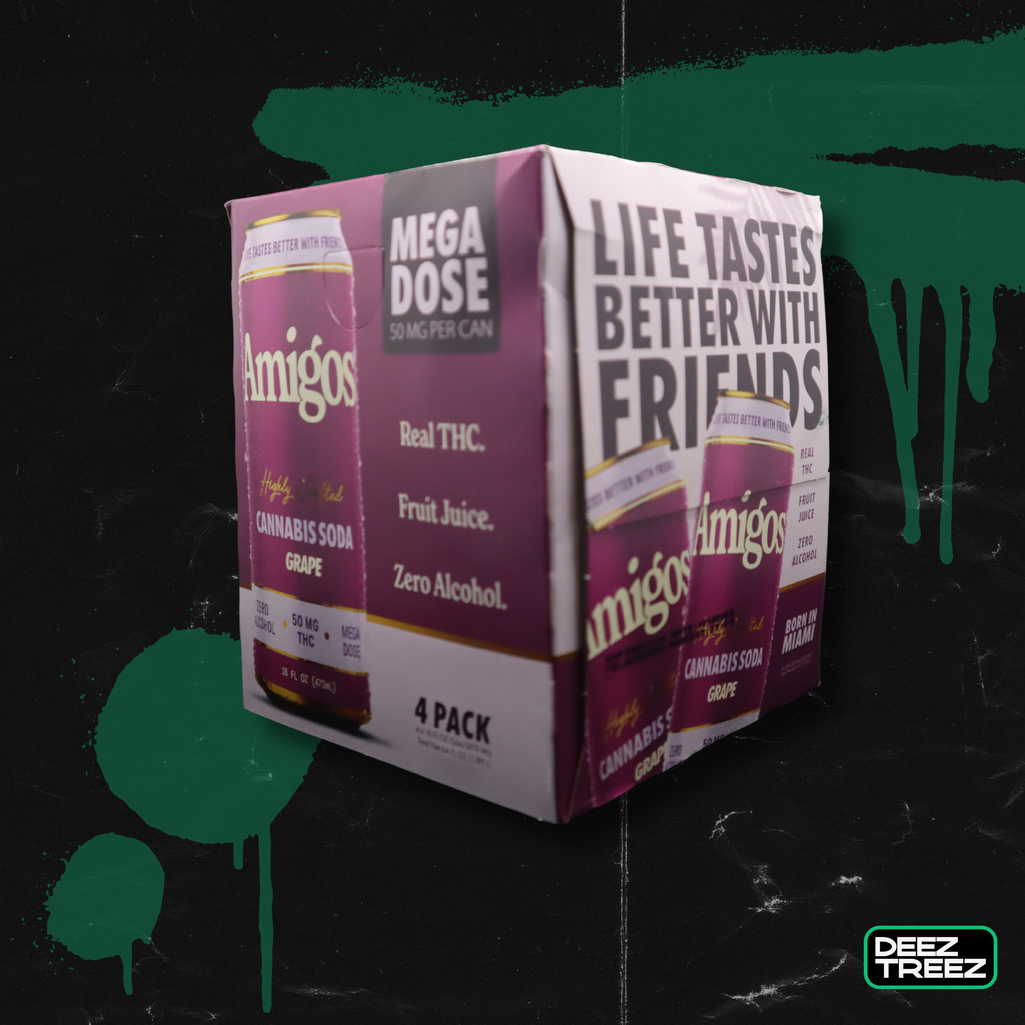 Amigos Highly Crafted Cannabis Soda Grape  – 50 mg THC | 4 Pack | 16 fl oz | Deez Treez