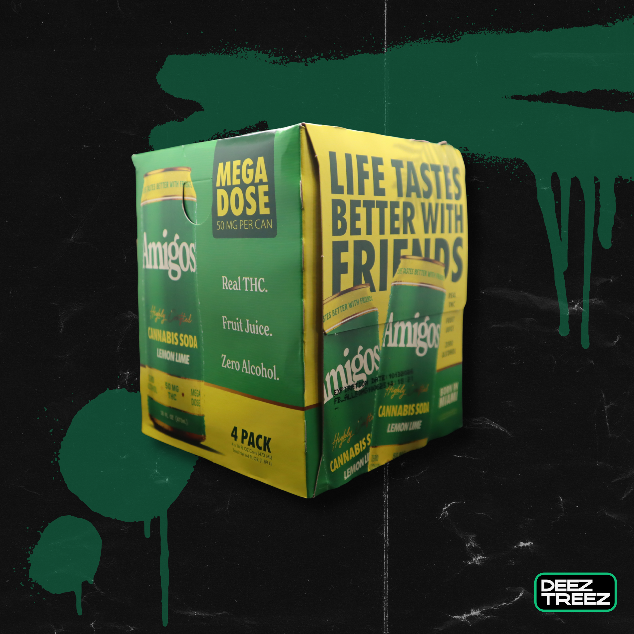 Amigos Highly Crafted Cannabis Soda Lemon Lime  – 50 mg THC | 4 Pack | 16 fl oz | Deez Treez