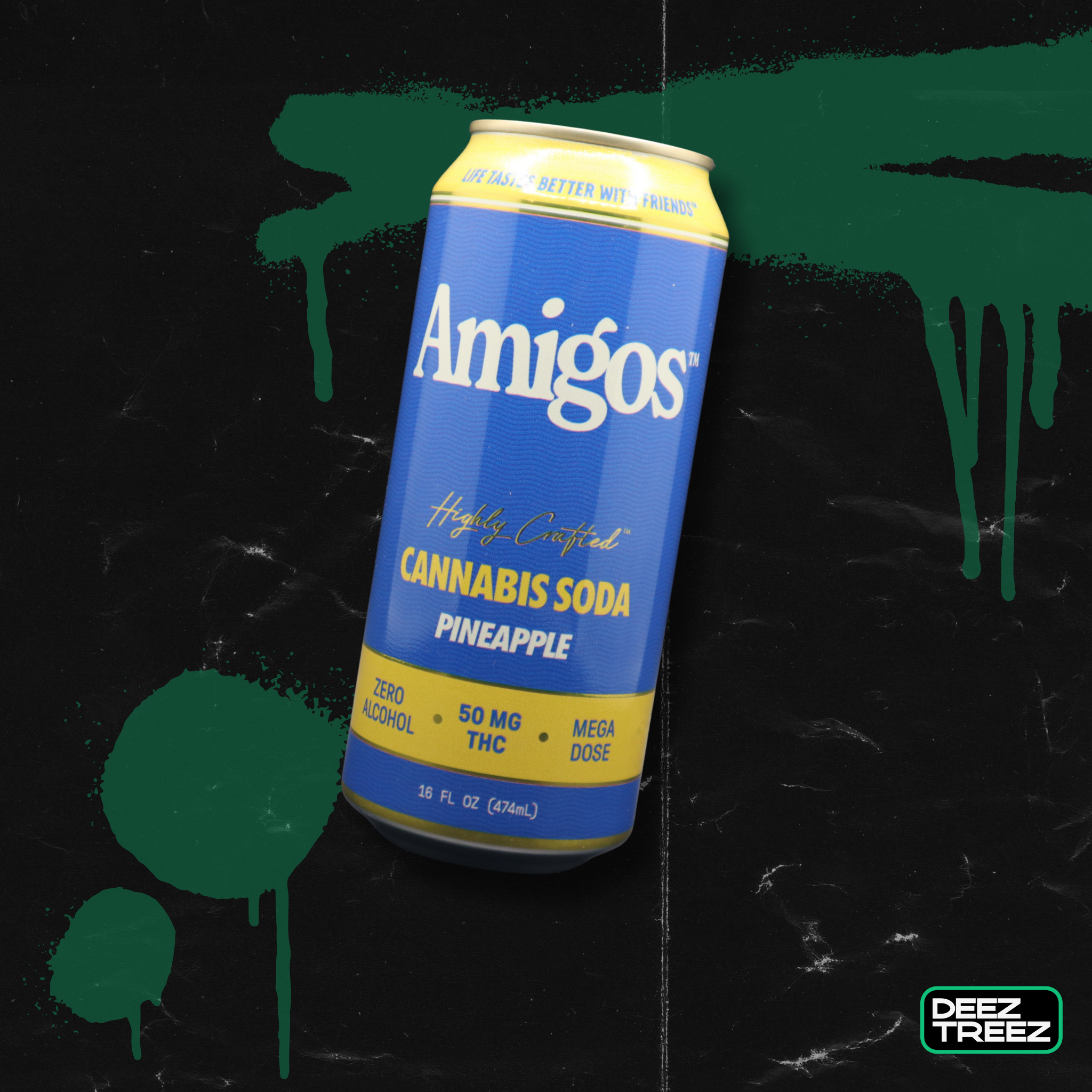 Amigos Highly Crafted Cannabis Soda Pineapple – 50 mg THC | 16 fl oz | Deez Treez