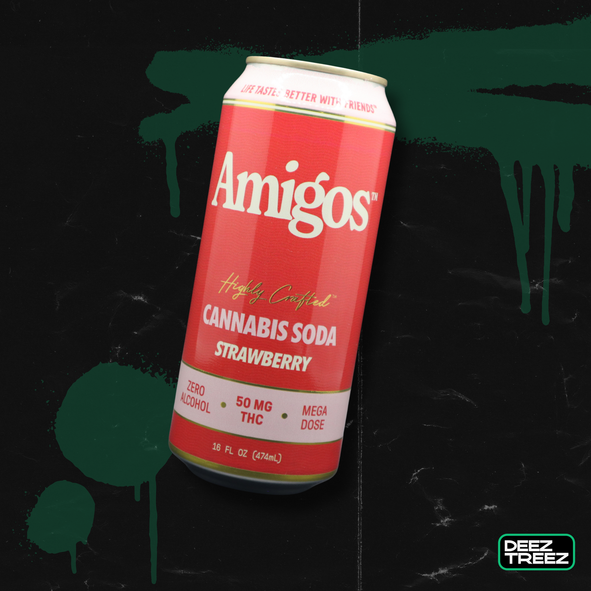 Amigos Highly Crafted Cannabis Soda Strawberry – 50 mg THC | 16 fl oz | Deez Treez